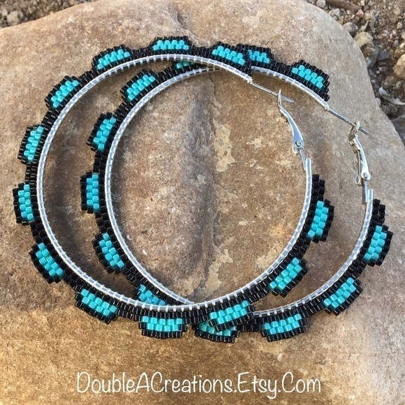 Turquoise Beaded Hoops, New, Handmade by Me - Picture 1 of 14